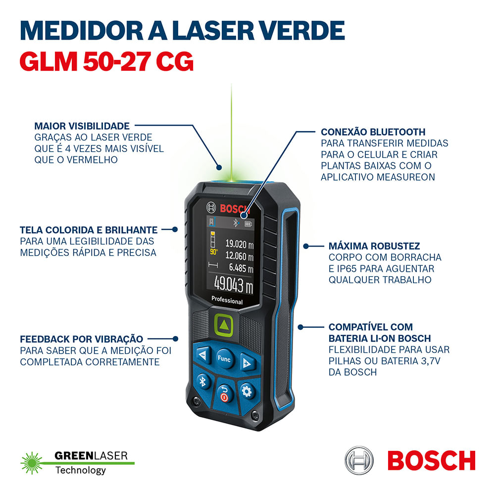 Trena laser verde Bosch GLM 50-27 CG com Bluetooth