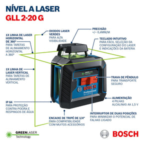 Nível laser verde de linhas cruzadas Bosch GLL 2-20G 10m + BT150