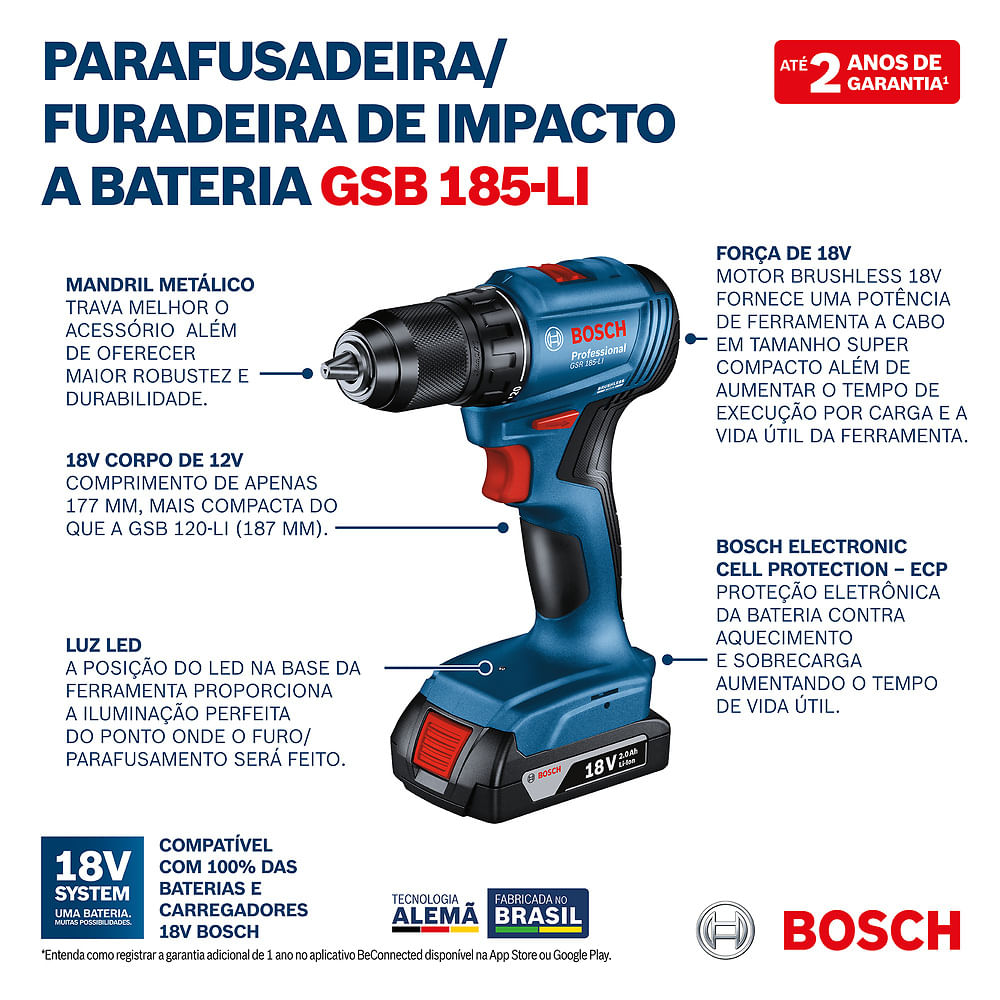 Furadeira Parafusadeira Impacto 18V Bosch GSB185LI-2BX Sem Fio, 2 baterias 23 AC