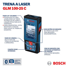 Trena laser Bosch GLM 100-25 C alcance 100m com Bluetooth
