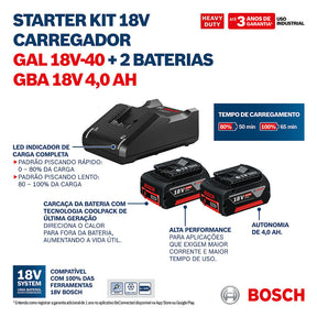 Kit de 2 Baterias GBA 18V 4Ah + Carregador de baterias Bosch GAL 18V-40 Bivolt 18V