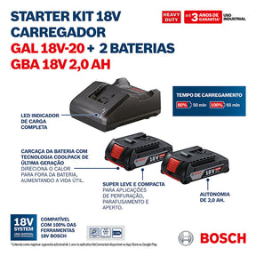 Kit de 2 Baterias GBA 18V 2Ah + Carregador de baterias Bosch GAL 18V-20 Bivolt 18V