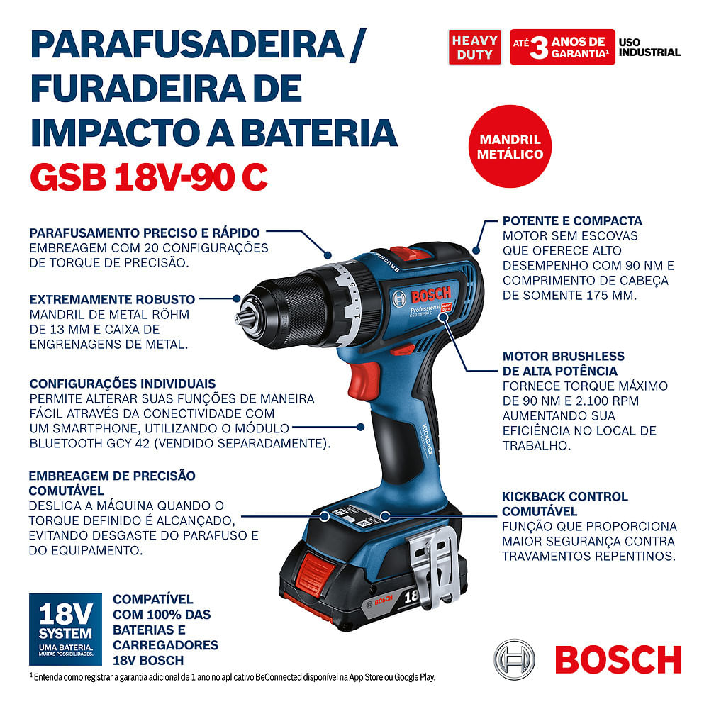 Furadeira e parafusadeira Bosch GSB 18V-90C, BRUSHLESS, 18V