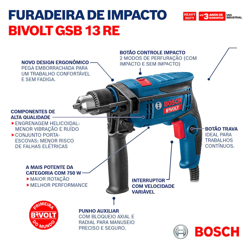 Furadeira de Impacto Bosch GSB 13 RE Bivolt 750W